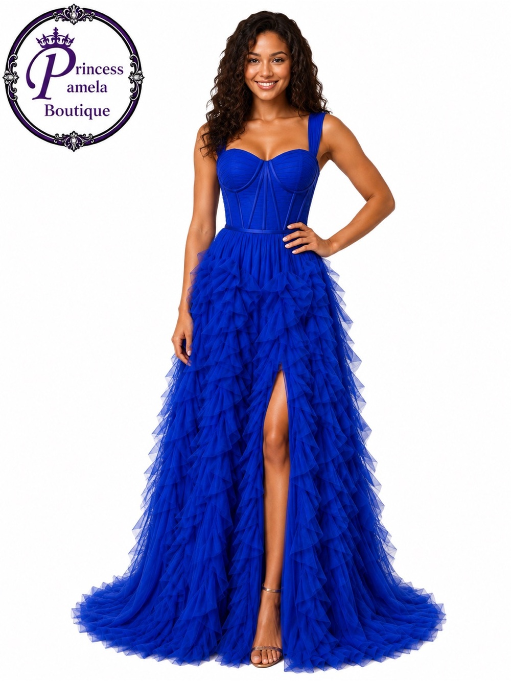 #25-13 Royal Blue 2 inch spaghetti straps corset bodice tulle gown-Size 0 (XS)